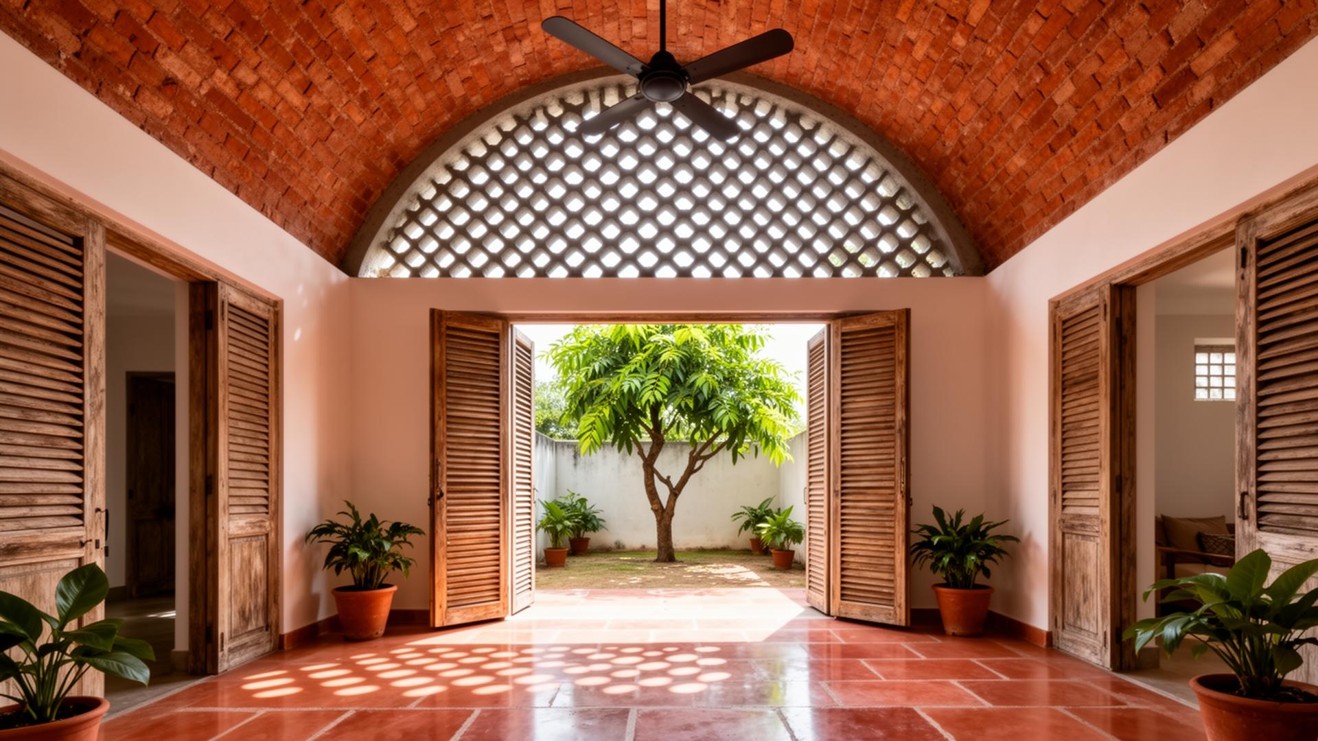 Vaulted brick interior with concrete jali screen and louvered shutters opening to a shaded courtyard